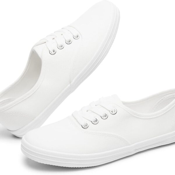 TUOPIN Womens White Canvas Sneakers Low Top Lace-up Casual Tennis Shoes | Breathable canvas, non-slip sole, lace-up, round-toe, slip-on for walking, tennis, casual.