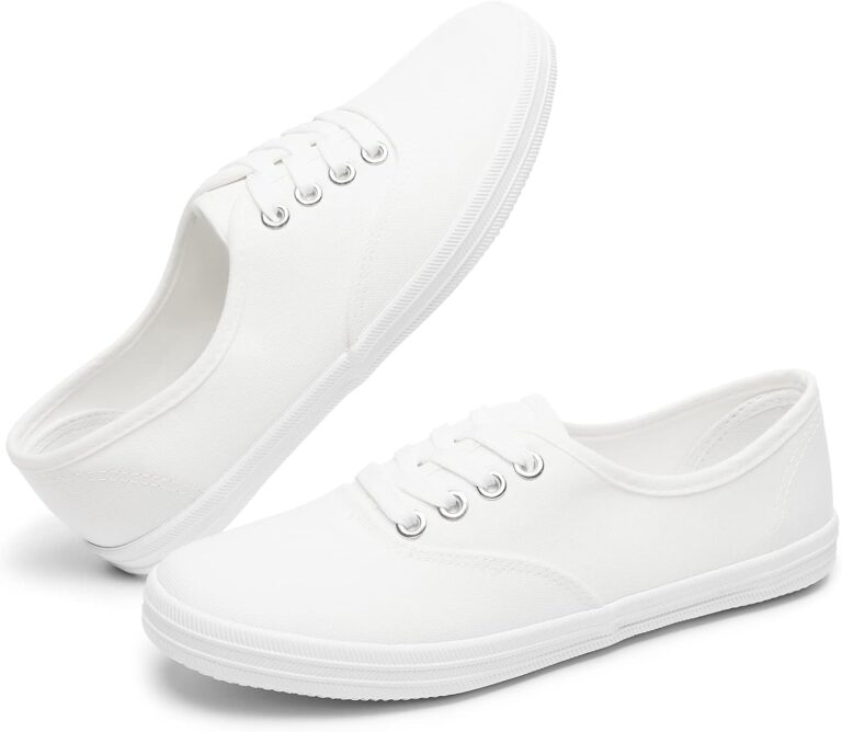 TUOPIN Womens White Canvas Sneakers Low Top Lace-up Casual Tennis Shoes | Breathable canvas, non-slip sole, lace-up, round-toe, slip-on for walking, tennis, casual.