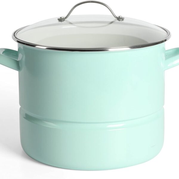 Martha Stewart Thayer 16-Quart Enamel On Steel Scratch Resistant Steamer Stock Pot w/Stainless Steel Insert - Martha Blue
