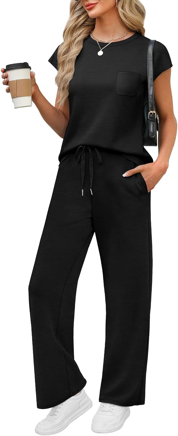 WIHOLL 2 Piece Sets for Women Casual Summer Travel Vacation Outfits Cap Sleeve Lounge Set WIHOLL 2 Piece Sets for Women Casual Summer Travel Vacation Outfits Cap Sleeve Lounge Set