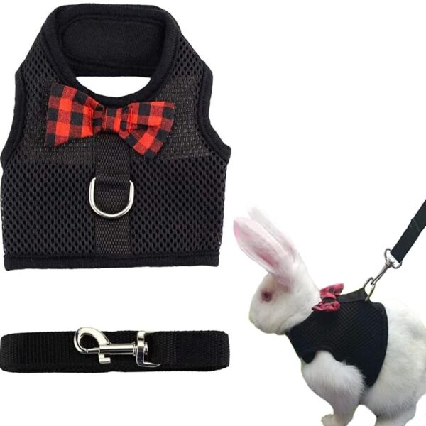 ASOCEA Adjustable Bunny Harness and Leash Breathable Mesh Vest Harness for Rabbits Walking Soft Pet Harness Vest Cloth Lead for Small Animals Rabbits Ferret Kitten Black M