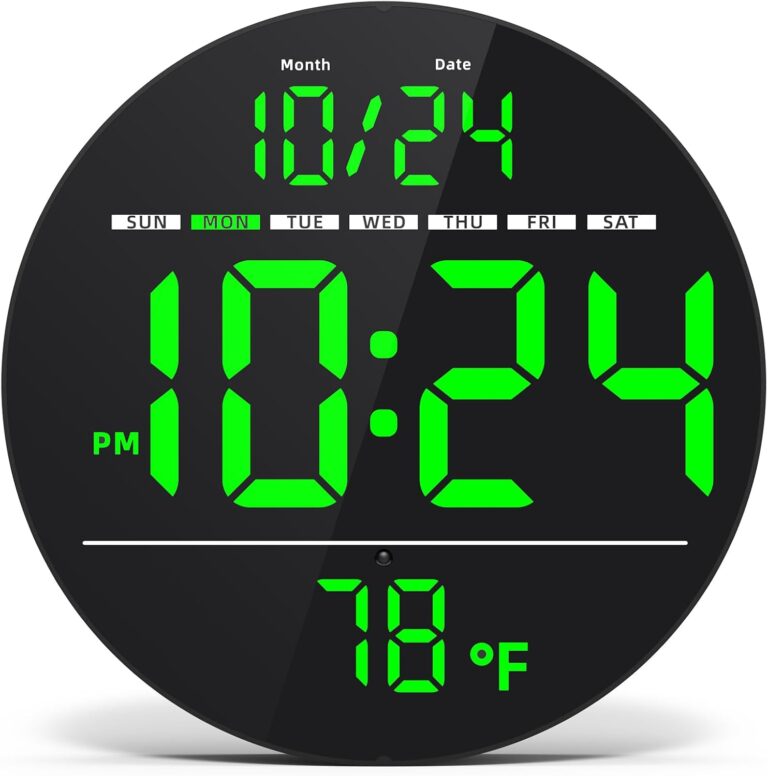 Digital Wall Clock with Large LED Display, Date, Temperature, Auto-Brightness | Small [PLUG-IN] Clock | Modern Electric Wall Clock for Bedroom, Classroom, Living Room, Home, Office, Farmhouse  Green