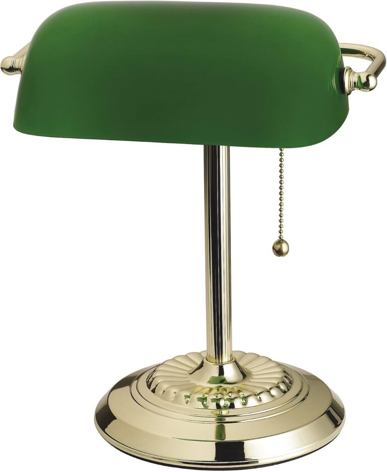 Catalina Lighting 13.5'' Traditional Banker's Lamp Light Fixture with Green Glass Cylinder Shade for Office, Library, Living Room, or Dorm, Polished Brass