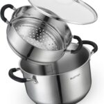 SLOTTET 6 Quart Stainless Steel Stock Pot with Steamer,6 Qt Multipurpose Stockpot with Stay-cool silicone Handle and Glass Lid,Soup Pot for Cooking