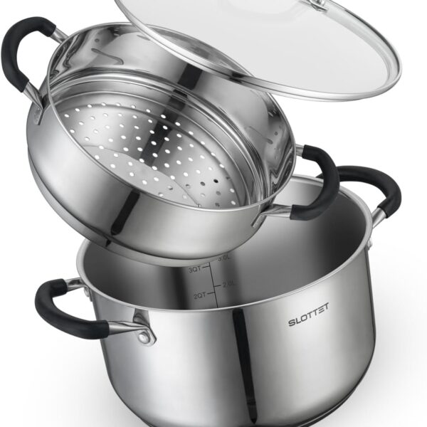 SLOTTET 6 Quart Stainless Steel Stock Pot with Steamer,6 Qt Multipurpose Stockpot with Stay-cool silicone Handle and Glass Lid,Soup Pot for Cooking