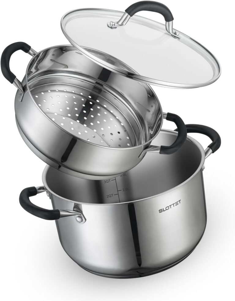 SLOTTET 6 Quart Stainless Steel Stock Pot with Steamer,6 Qt Multipurpose Stockpot with Stay-cool silicone Handle and Glass Lid,Soup Pot for Cooking