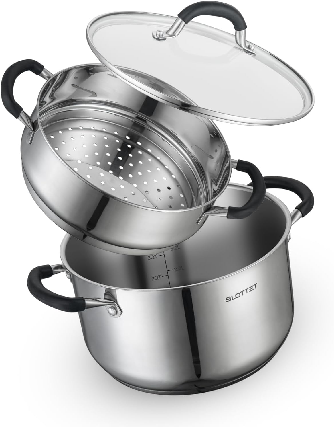 SLOTTET 6 Quart Stainless Steel Stock Pot with Steamer,6 Qt Multipurpose Stockpot with Stay-cool silicone Handle and Glass Lid,Soup Pot for Cooking SLOTTET 6 Quart Stainless Steel Stock Pot with Steamer,6 Qt Multipurpose Stockpot with Stay-cool silicone Handle and Glass Lid,Soup Pot for Cooking