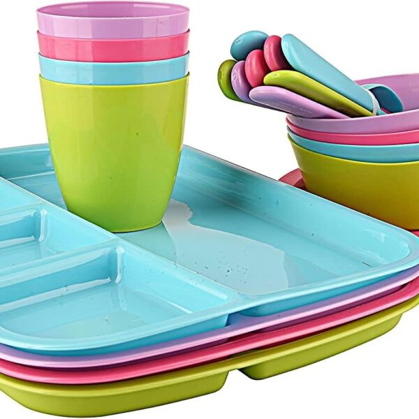 24 pc Kids Dinner Set by Mainstays, BPA free, Microwave/dishwasher safe, toddler snack/meals, mixed colors
