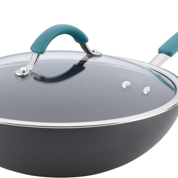 Rachael Ray Cucina Hard-Anodized Nonstick Covered Stir Fry Pan, 11-Inch, Gray, Agave Blue Handles