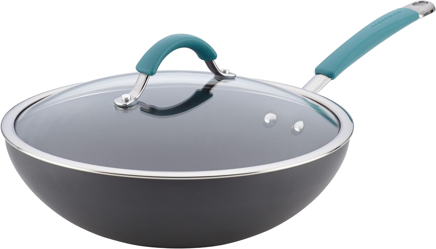 Rachael Ray Cucina Hard-Anodized Nonstick Covered Stir Fry Pan, 11-Inch, Gray, Agave Blue Handles Rachael Ray Cucina Hard-Anodized Nonstick Covered Stir Fry Pan, 11-Inch, Gray, Agave Blue Handles