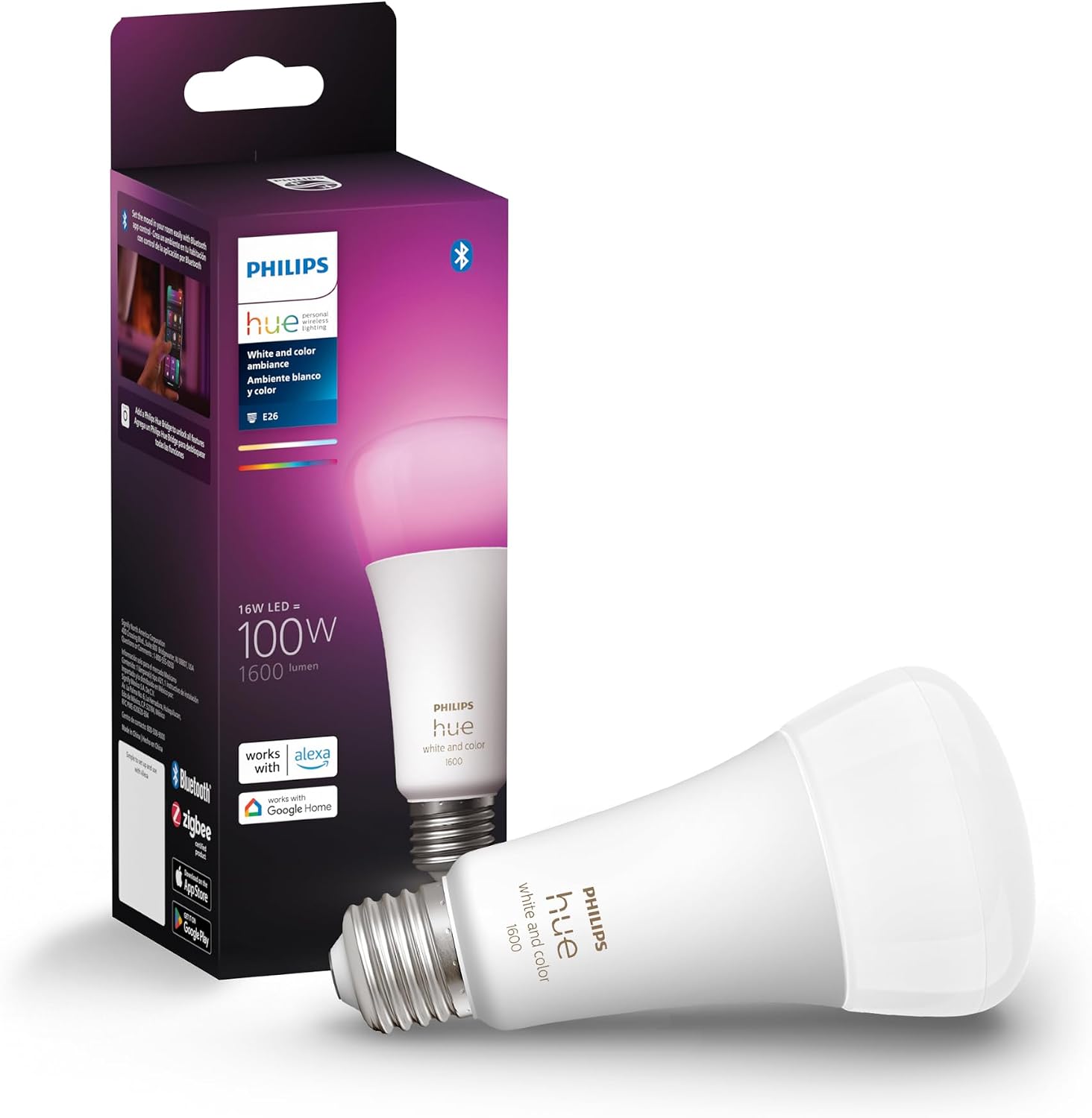 Philips Hue Smart 100W A21 LED Bulb - White and Color Ambiance Color-Changing Light - 1 Pack - 1600LM - E26 - Indoor - Control with Hue App - Works with Alexa, Google Assistant and Apple Homekit Philips Hue Smart 100W A21 LED Bulb - White and Color Ambiance Color-Changing Light - 1 Pack - 1600LM - E26 - Indoor - Control with Hue App - Works with Alexa, Google Assistant and Apple Homekit