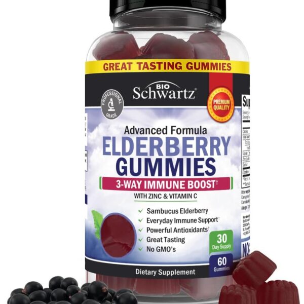 BioSchwartz Elderberry Gummies with Zinc and Vitamin C - Natural Immune Support for Adults & Kids - Black Sambucus Elderberries - Third-Party Tested, Non-GMO, Vegan Multimineral Supplement, 60 Count