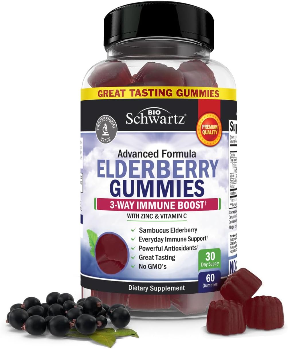 BioSchwartz Elderberry Gummies with Zinc and Vitamin C - Natural Immune Support for Adults & Kids - Black Sambucus Elderberries - Third-Party Tested, Non-GMO, Vegan Multimineral Supplement, 60 Count BioSchwartz Elderberry Gummies with Zinc and Vitamin C - Natural Immune Support for Adults & Kids - Black Sambucus Elderberries - Third-Party Tested, Non-GMO, Vegan Multimineral Supplement, 60 Count