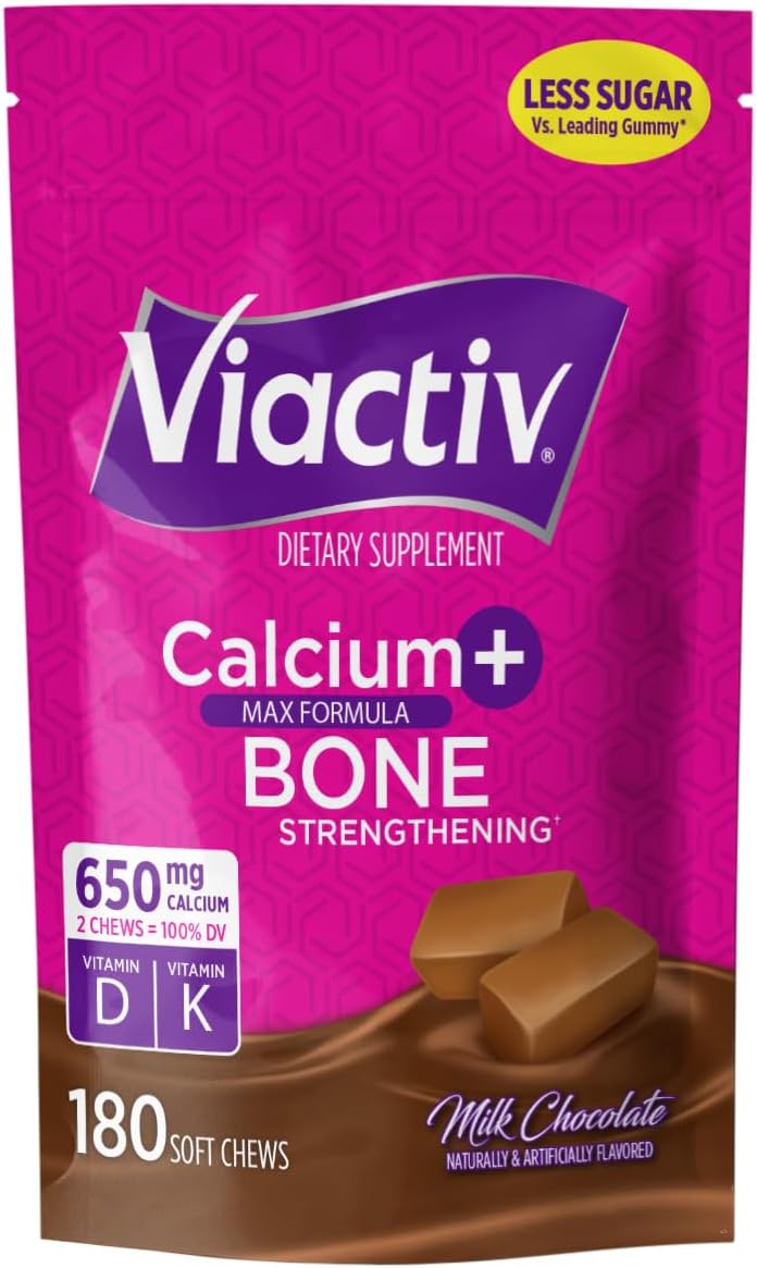 Viactiv Calcium + Vitamin D Supplement Soft Chews for Women & Men - Chewable Calcium for Bone Health Support, 650 mg per Serving, Vitamin D & K for High Absorption - 180 Count, Milk Chocolate Viactiv Calcium + Vitamin D Supplement Soft Chews for Women & Men - Chewable Calcium for Bone Health Support, 650 mg per Serving, Vitamin D & K for High Absorption - 180 Count, Milk Chocolate