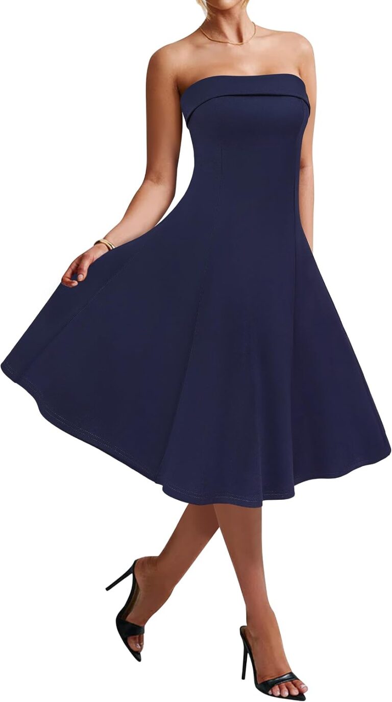 Newshows Women's 2025 Summer Cocktail Dress Stretch Wrinkle-Free Elegant Strapless Tube Formal Evening Party Skater Midi Dress(Navy,S)