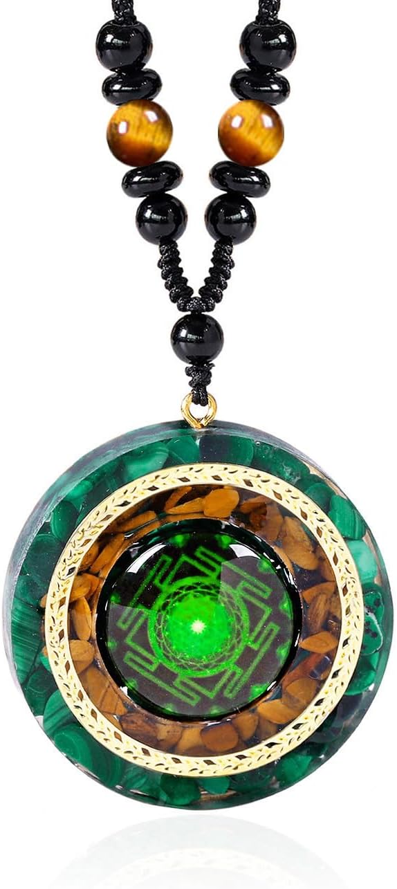 Day Day Up Orgonite Necklace - Sri Yantra Rotatable Pendant For Anti Stress Anxiety & Meditation - Malachite And Tiger Stone For Spiritual Healing & Positive Energy