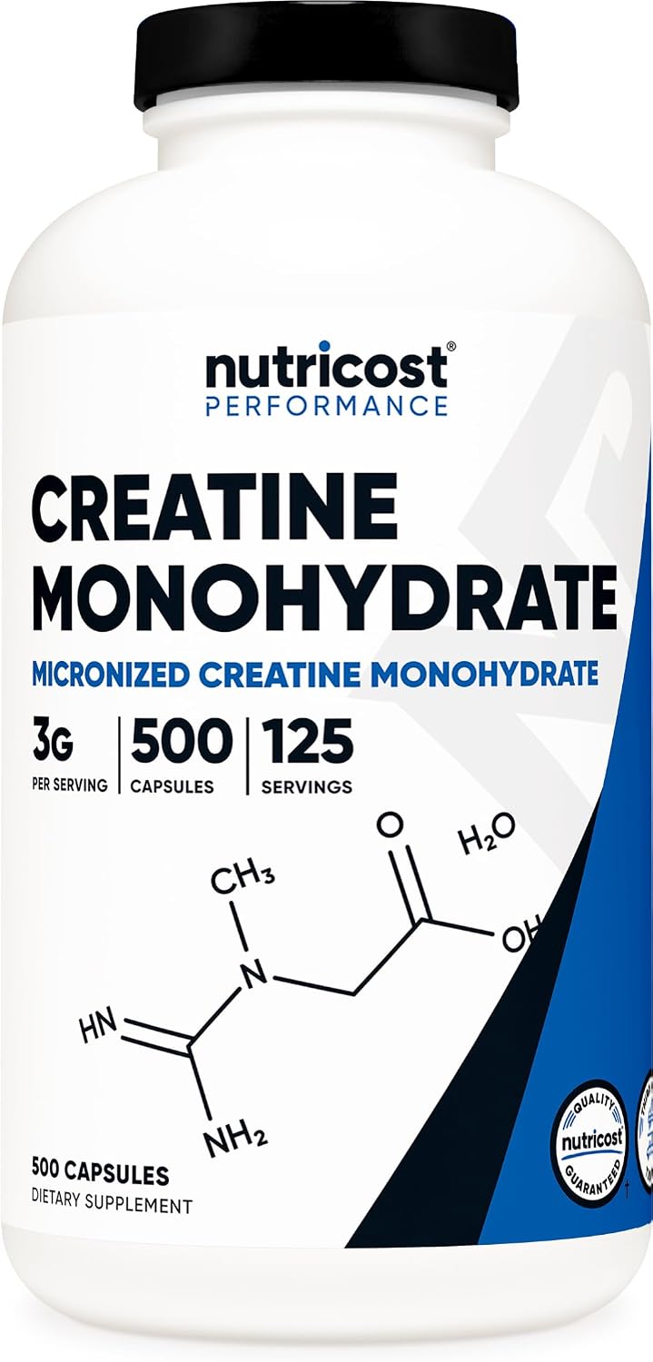 Nutricost Micronized Creatine Monohydrate 3,000mg 500 Capsules, 125 Servings, 750mg of Creatine Monohydrate Per Capsule Nutricost Micronized Creatine Monohydrate 3,000mg 500 Capsules, 125 Servings, 750mg of Creatine Monohydrate Per Capsule