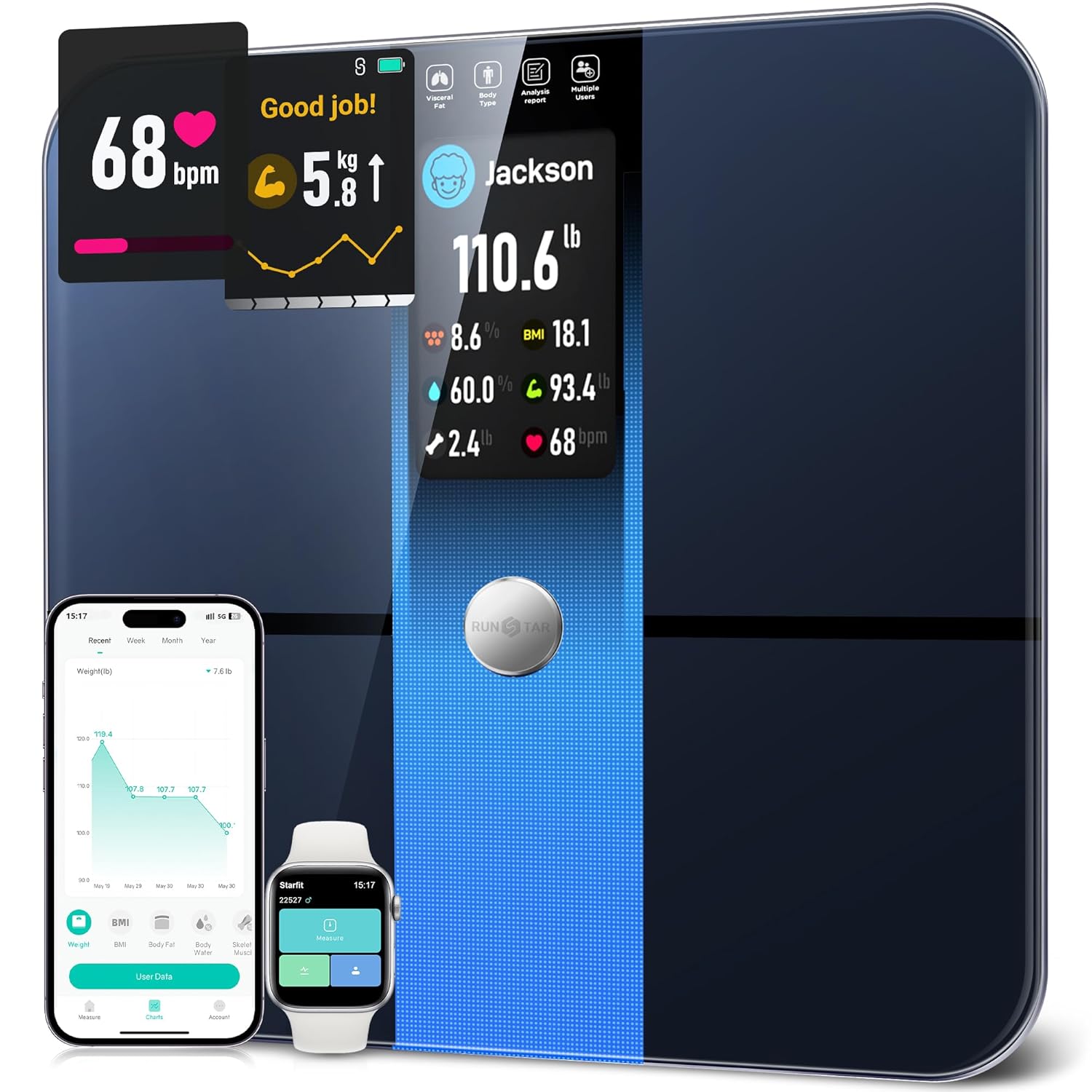 RunStar Scale for Body Weight, Precision Digital Bathroom Smart Scale with 3.5" TFT Color Large Display for BMI Muscle Mass Heart Rate, 22 Body Composition Analyzer Sync APP, 400lb RunStar Scale for Body Weight, Precision Digital Bathroom Smart Scale with 3.5" TFT Color Large Display for BMI Muscle Mass Heart Rate, 22 Body Composition Analyzer Sync APP, 400lb