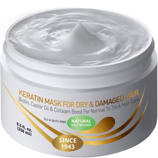 VITAMINS hair cosmetics Keratin Hair Mask Deep Conditioner for Thick Locks | Deep Conditioning Repair For Normal, Dry Damaged Hair with Biotin, Collagen & Castor Oil, Repairs Split Ends & Restores Shine