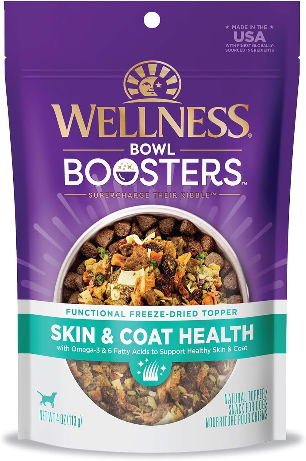 Wellness Bowl Boosters Skin and Coat Health Dog Food Topper with Freeze Dried Pieces for Small, Medium, and Large Breeds, Grain Free, Natural, Chicken Recipe, 4 oz Bag Wellness Bowl Boosters Skin and Coat Health Dog Food Topper with Freeze Dried Pieces for Small, Medium, and Large Breeds, Grain Free, Natural, Chicken Recipe, 4 oz Bag