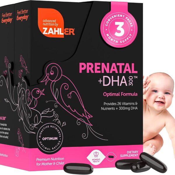 Zahler Prenatal +DHA 300 - Prenatal Vitamin with Methylated Folate & DHA for Pregnant Women - Support for Mom & Baby - Kosher, Gluten Free, Dairy Free - 180 Softgels
