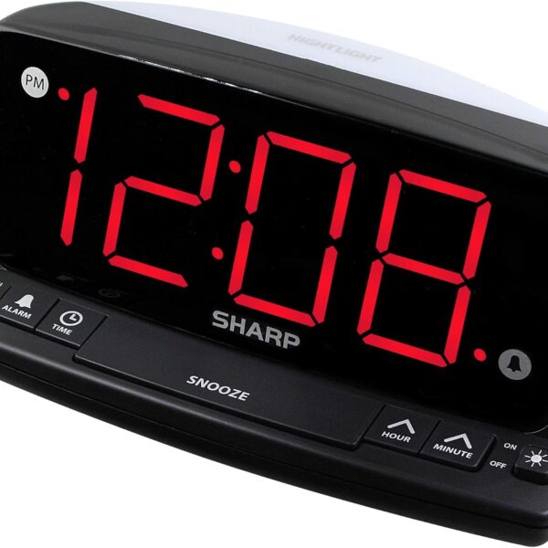 Sharp Digital Alarm Clock, 1.8" Red LED, Night Light, Loud Alarm, Black | Front keyboard controls, 9-minute snooze, AC powered, 9V settings backup, across-room viewing, bedroom, nursery, bathroom