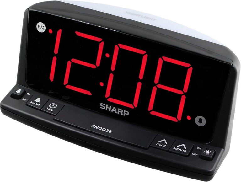 Sharp Digital Alarm Clock, 1.8" Red LED, Night Light, Loud Alarm, Black | Front keyboard controls, 9-minute snooze, AC powered, 9V settings backup, across-room viewing, bedroom, nursery, bathroom