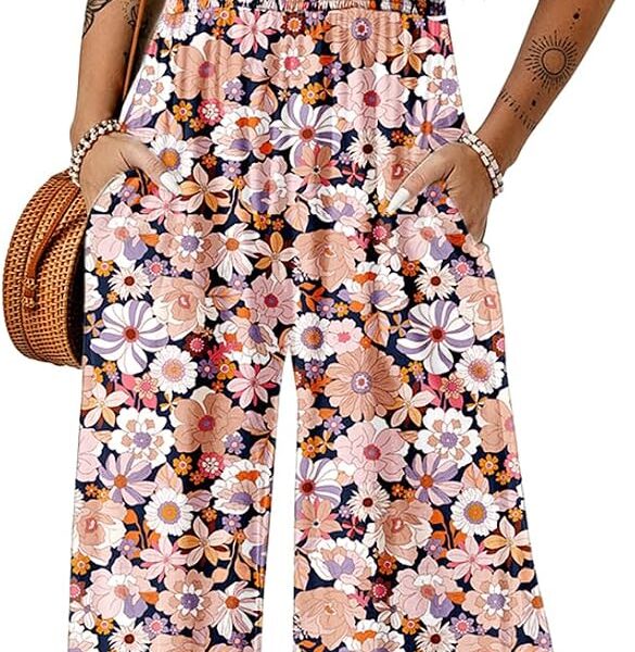 Dokotoo Women's Casual Loose Overalls Jumpsuits One Piece Sleeveless Printed Wide Leg Long Pant Rompers With Pockets