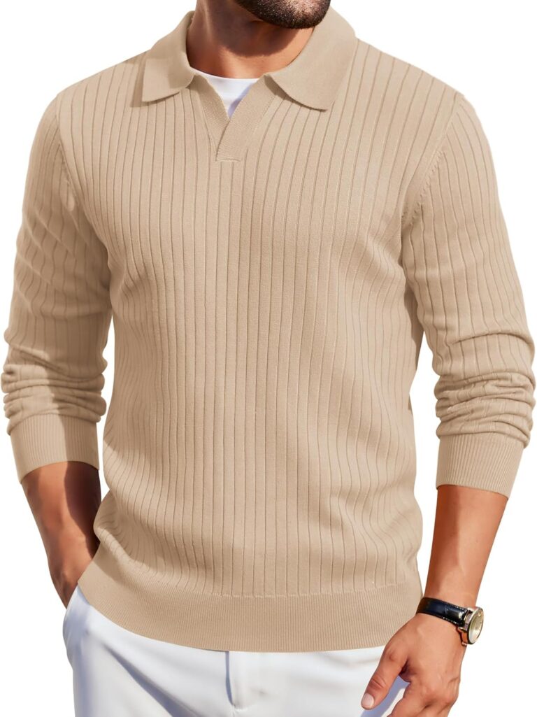 COOFANDY Mens Knit Polos Long Sleeve Casual Sweater Polos V Neck Collared Sweater Golf Polo Sweaters and Pullovers