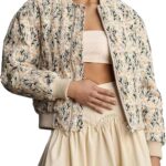 Shiyifa Women's Embroidered Daisy Cropped Bomber Jacket Long Sleeve Quilted Puffer Jackets Padded Coat Outerwear