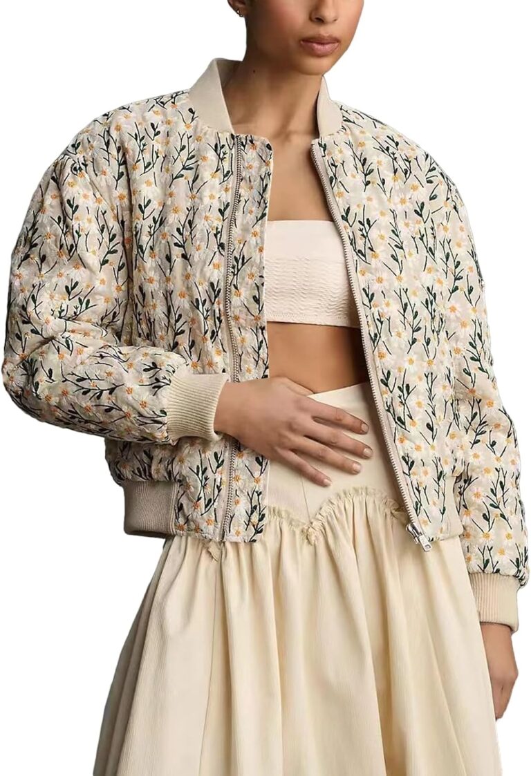 Shiyifa Women's Embroidered Daisy Cropped Bomber Jacket Long Sleeve Quilted Puffer Jackets Padded Coat Outerwear