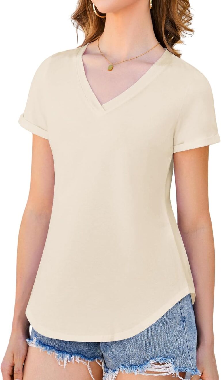Beluring Women's V Neck Cotton T-Shirts Summer Short Sleeve Curved Hem Tops