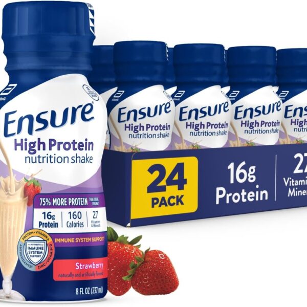 Ensure High Protein Strawberry Nutrition Shake, Ready to Drink, 16g Protein and 27 Vitamins and Minerals, 8 fl oz, 24 Pack