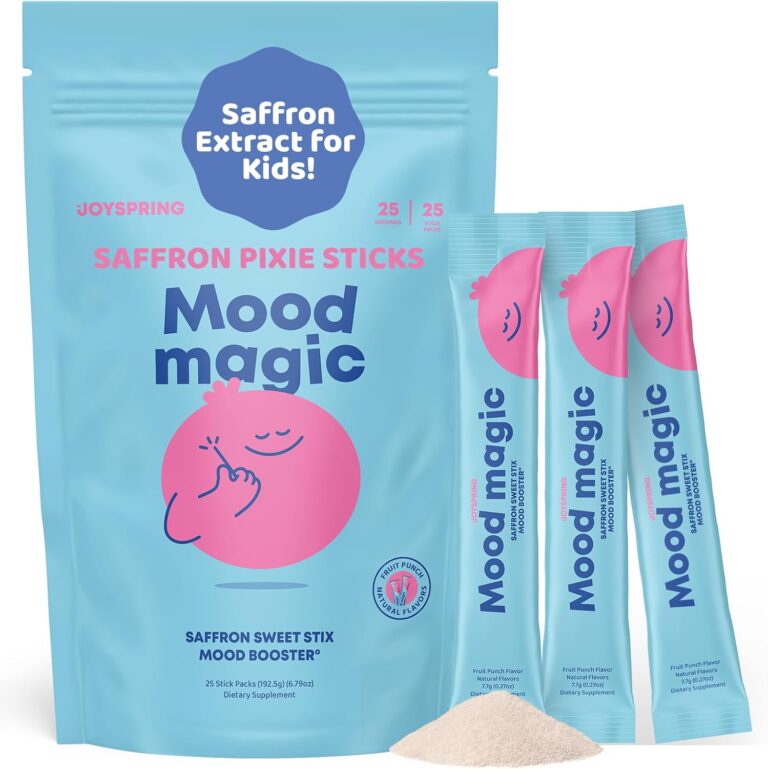 JoySpring Mood Magic Kids Saffron Sticks, Fruit Punch, 25 Ct, 4+ | Magnesium citrate and Vitamin D3 with calming herbs, supports calm and balanced feelings, sugar-free single-serve drink mix
