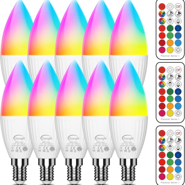 E12 LED Candelabra Light Bulbs 40W Equivalent, B11 Color Changing Candle Bulb with Remote Control,Colored Chandelier Light Bulbs RGB+5000K Daylight,5 Watt,12 Colors,2 Modes,Timer,Small Screw Base