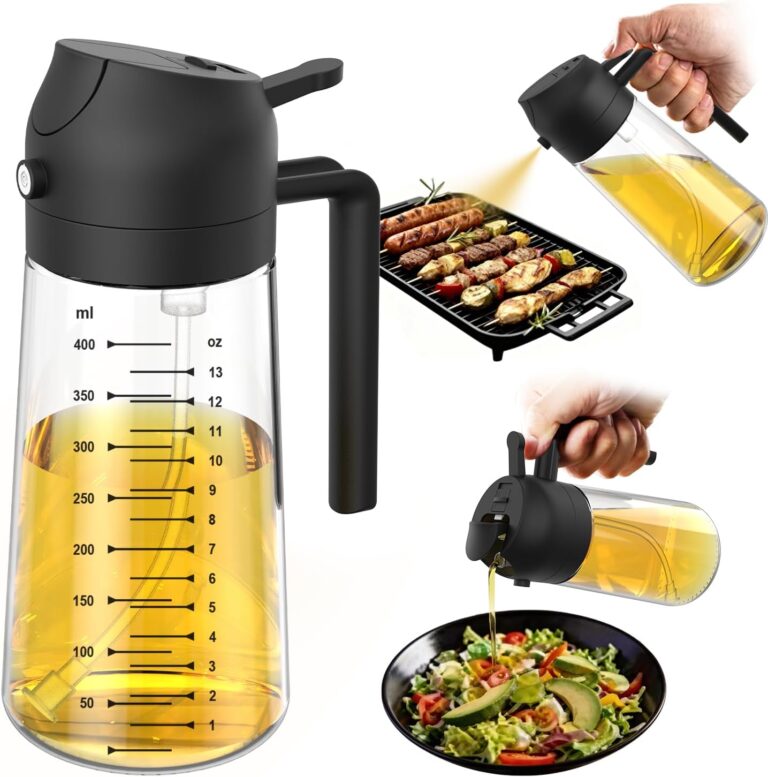 TrendPlain 16oz/470ml Glass Olive Oil Sprayer for Cooking  2 in 1 Olive Oil Dispenser Bottle for Kitchen Gadgets and Air Fryer Accessories, Salad, BBQ - Black
