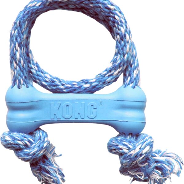 KONG Puppy Goodie Bone with Rope - Natural Rubber Bone with Cotton Rope - Teeth Cleaning Chew Toy for Growing Puppies - for XS Puppies - Blue