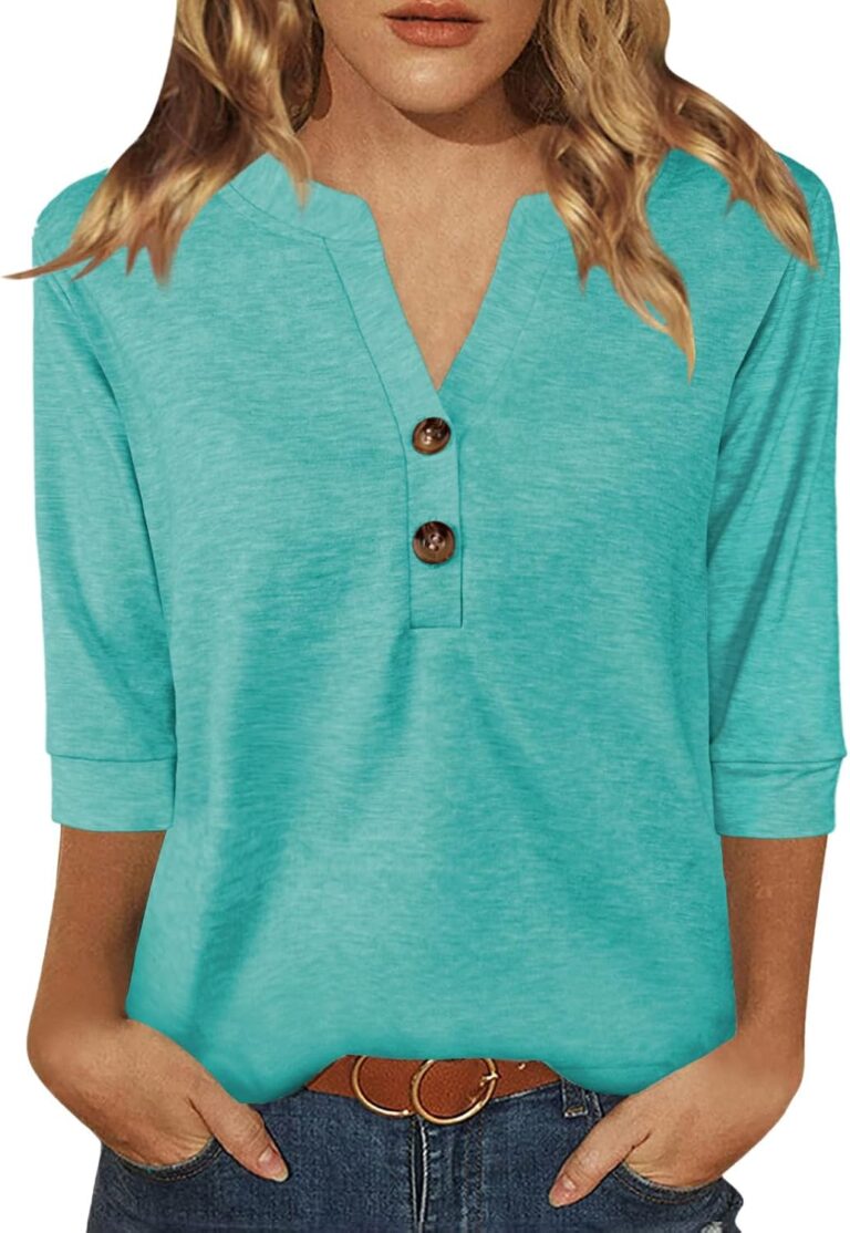Dimur Womens Tops 3/4 Sleeve V Neck Button Down Going Out Basic Tees Shirts | Soft Smooth, Loose Fit, Lightweight, Versatile Casual, Work Party, Everyday, Travel, Comfort, Tunic, Date Night, Classic