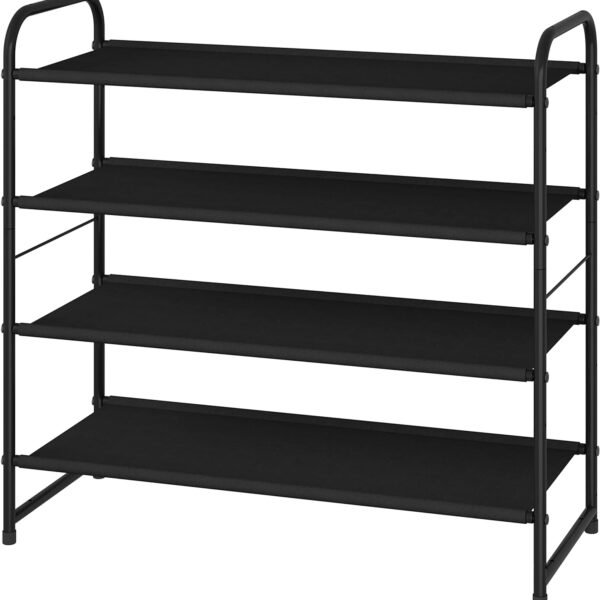 Simple Trending 4-Tier Stackable Shoe Rack, Expandable & Adjustable Fabric Shoe Shelf Storage Organizer, Black