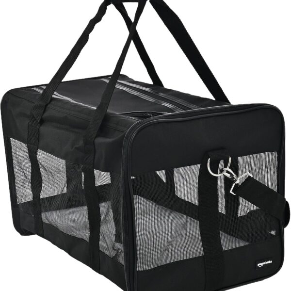Amazon Basics Airline Approved Soft-Sided Mesh Pet Travel Carrier with Shoulder Strap, Removable Washable Fleece Pad, Top Opening, Ventilation for Dog, Cat, up to 22 pounds, 19.7Lx12Wx12H in., Black