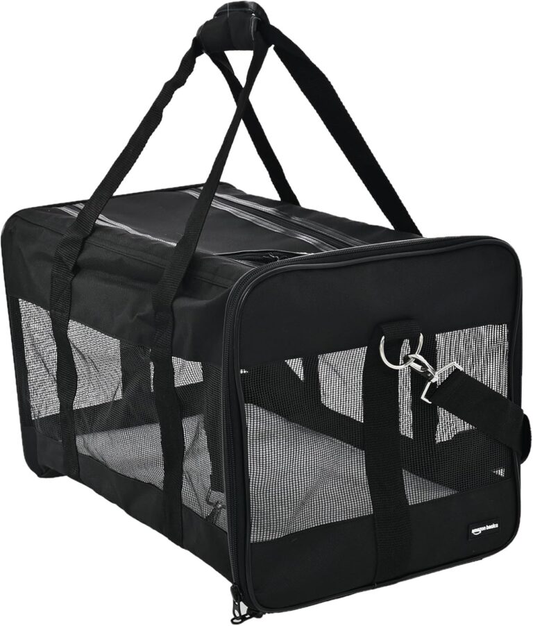 Amazon Basics Airline Approved Soft-Sided Mesh Pet Travel Carrier with Shoulder Strap, Removable Washable Fleece Pad, Top Opening, Ventilation for Dog, Cat, up to 22 pounds, 19.7Lx12Wx12H in., Black