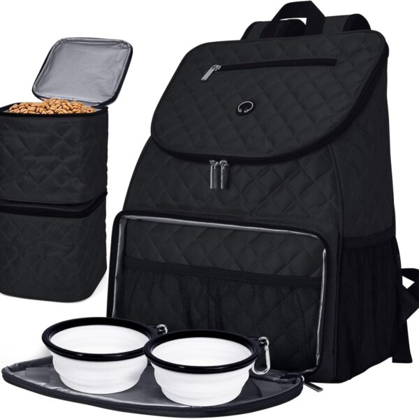 BAGLHER Dog Travel Bag, Airline Approved Pet Supplies Backpack, Dog Travel Backpack with 2 Silicone Collapsible Bowls and 2 Food Baskets, Black