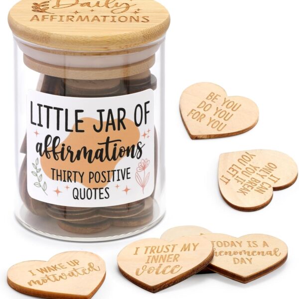 Daily Affirmation Cards for Women Jar Wooden Hearts Pins with Inspiring and Motivational Fridge Magnets Positive Quotes Self Care B-Day Mental Health Reminders Gift Idea for Friends Coworkers