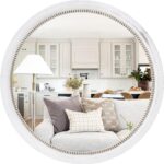 sawsile Rustic Farmhouse Mirror,24" White Natural Wooden Circle Wall Mirror,Round Decorative Wall Hanging Mirror with Beads for Bedroom, Living Room or Entryway