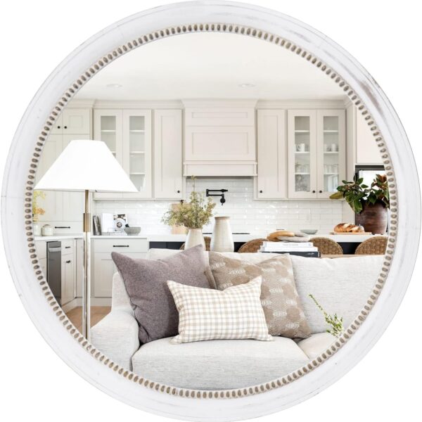 sawsile Rustic Farmhouse Mirror,24" White Natural Wooden Circle Wall Mirror,Round Decorative Wall Hanging Mirror with Beads for Bedroom, Living Room or Entryway