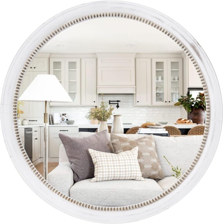 sawsile Rustic Farmhouse Mirror,24" White Natural Wooden Circle Wall Mirror,Round Decorative Wall Hanging Mirror with Beads for Bedroom, Living Room or Entryway