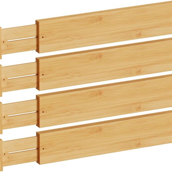BAMEOS Bamboo Expandable Drawer Dividers  Fits 16.65"22" Drawers, 4" Extra Deep Walls, Set of 4 | Maximum-Height Spring-Loaded Organizer for Deep Kitchen, Bathroom & Dresser Drawers