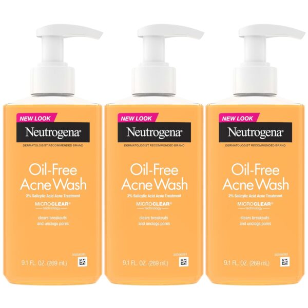 Neutrogena Oil Free Acne Face Wash for Oily Skin, Salicylic Acid Cleanser, Noncomedogenic, Residue Free, Easy Pump Bottles, 9.1 Fl Oz, 3 Count