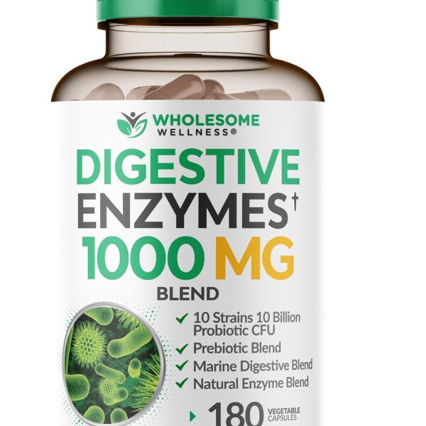 Wholesome Wellness Digestive Enzymes 1000MG Plus Prebiotics & Probiotics Supplement, 180 Capsules, Organic Plant-Based Vegan Formula for Digestion & Lactose with Amylase & Bromelain,3-6 Months Supply