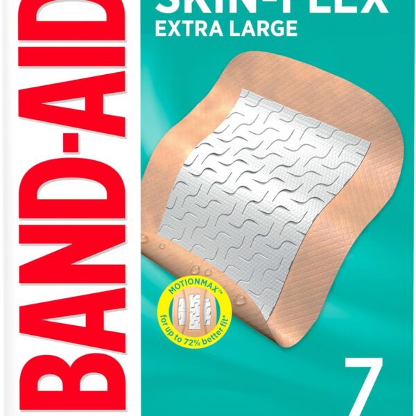 Band-Aid, Brand Skin-Flex Adhesive Bandages for First Aid and Wound Care of Minor Cuts and Scrapes and Burns, Flexible Sterile Bandages for Fingers and Knees, Extra Large, All One Size, 7 Count